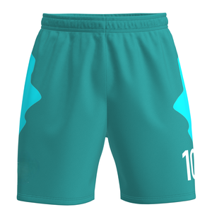 Shorts de sport personnalisés pour hommes en turquoise avec des panneaux latéraux bleu clair et des caractéristiques athlétiques à séchage rapide, respirants et avec impression de numéros - Product Image 1