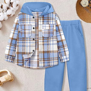Vente en gros de vêtements de mode pour garçons, sweat-shirt à capuche à manches longues en flanelle et à carreaux, ensemble 2 pièces pour enfants, bleu et blanc avec sweat à capuche boutonné - Product Image 5