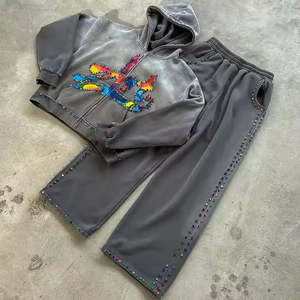 Kivotech เสื้อฮู้ดมีซิปสำหรับติดตามเหงื่อกางเกงทรงหลวม100% ซีดด้วยกรดชุดวอร์มผ้าฝ้ายไซส์ใหญ่พิเศษปัก3D โลโก้ได้ตามต้องการ - Product Image 1