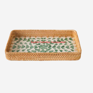 Plateau de service en rotin élégant avec plateau décoratif à motif de feuille verte pour comptoir de cuisine et plateau de Table basse de salon - Product Image 2