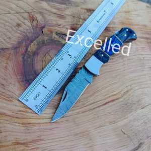 Cuchillo de caza plegable de acero de Damasco de 2mm de grosor hecho a mano personalizado, mango de madera Pakka, Funda de cuero gratis, compatible con OEM/ODM - Product Image 6