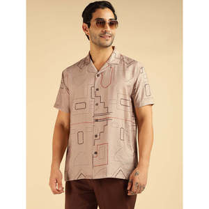 Amanush Men's Beige <b>Geometric</b> Pattern Casual <b>Shirt</b> With Mandarin Collar Short Sleeve Hand Embroidery Summer Wear Mens <b>Shirts</b> - Product Image 1