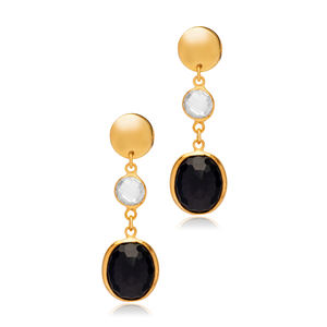 Black Quartz Oval Shape Stone Square Plain Jewelry 22K Gold Bezel 925 Sterling <b>Silver</b> <b>Stud</b> Earrings - Product Image 3