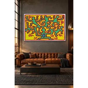 Impresión en lienzo de Fida Keith Haring con figuras verdes de árboles sobre fondo amarillo - Product Image 5