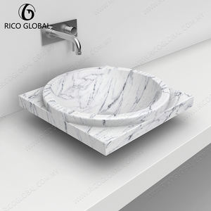 Lavabo Ovalado de Mármol Blanco Carrara, Diseño Rústico-Moderno para Baño y Pasillo, Mueble de Piedra Natural con Estilo Moderno - Product Image 1