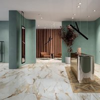 Dalles en grès effet marbre veiné doré 100 % fabriquées en Italie, finition naturelle polie pleine masse, grandes dalles pour chambres d'hôtel, design graphique