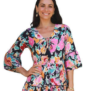 Customize Print Summer <b>Three</b> Quarter Sleeve Knee Length Designer Ruffle Bohemian Short Dress Women Print and Belt Summer Clothes - Product Image 1