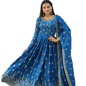 Vêtements de fête quotidiens et de bureau magnifiques couleurs vives chinon et paillettes brodées travail robes de point de soie pour adultes portent - Product Image 1