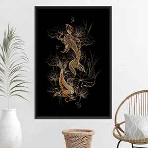 Lienzo Impreso con Carpas Koi y Loto: Arte Mural con Símbolo Asiático, Lienzo con Marco Negro - Product Image 1