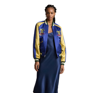 Women's Satin Varsity <b>Jacket</b> Blue Gold Embroidery Palm Tree Design Zipper Front Full Sleeve Autumn Wear - Product Image 3