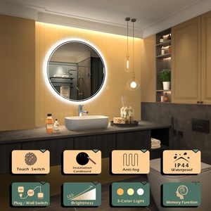 At Smartspace 80cm Black Round <b>LED</b> Wall <b>Mirror</b> Contemporary Luxury Silver Oval Framed <b>Makeup</b> <b>Mirror</b> for Desktop Use - Product Image 3