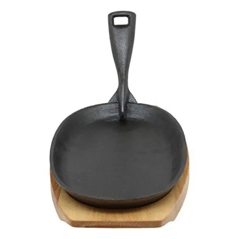 Cast Iron Sizzling Fajita Skillet Japanese Steak Plate With Handle And Wooden Base bbq grill frying pan
