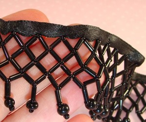 BLACK Beaded <b>Fringe</b> Trim One Yard Glass Bugle Seed Bead Cross Lattice Satin Ribbon Craft Supplies - Costumes <b>Curtains</b> - Product Image 1