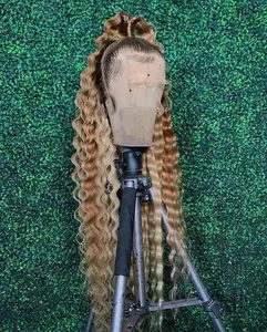 Peluca de cabello humano ondulado para mujer, postizo de encaje frontal, color rubio degradado, con luz solar