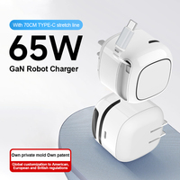 Petit chargeur rapide robotisé PD65W au nitrure de gallium avec câble rétractable, tête de charge rapide Type-C, puissance de sortie 65W, protection OTP