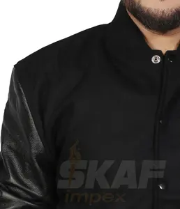 black <b>Wool</b> and <b>White</b> Genuine Leather Sleeves with Hoodie Letterman Baseball - Product Image 6