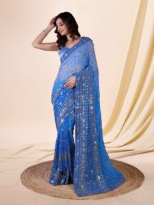 Trendmalls non cousu bleu ciel Georgette Saree décontracté mariage séquence broderie chemisier pièce (K963) indien/pakistanais femmes - Product Image 2