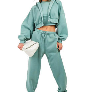 Veste courte à fermeture éclair pour femmes, teinte unie, couleur unie, avec pantalon de jogging à taille élastique haute, ensemble de survêtements courts pour femmes - Product Image 5