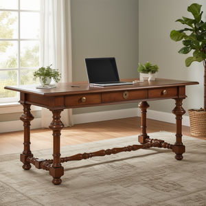 Distressed <b>Walnut</b> Solid Wood Rectangular Writing Desk with Three <b>Drawers</b> Keyed Center 1-Year Warranty - Product Image 3