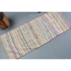 Alfombra turca vintage de 1,9x4,4 pies, diseño de retazos clásico hecho a mano blanco rústico para entrada de adolescentes, Material de lana, respaldo de látex - Product Image 2