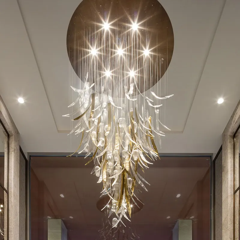 Moderne Hotel Villa Entree Hal Kunst Glas Accent Lamp Interieur Plafond Glazen Veren Kroonluchter Hanglamp