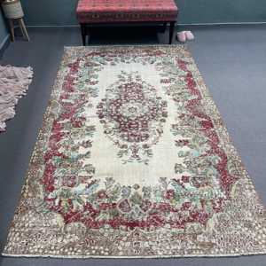 Tapis vintage, tapis turc 5,2x8,9 pieds, tapis oriental en laine rouge et bleu - Product Image 1