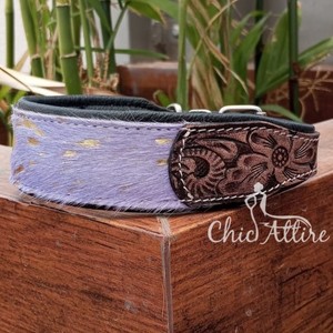 100% Natural <b>Hair</b> on Metallic Cowhide Branded Dog Collar Hand Tooled Western <b>Padded</b> Collar Engraved Genuine Leather Pet Collar - Product Image 1