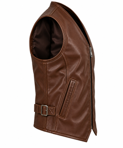 Men's <b>Brown</b> PU Leather Moto <b>Vest</b> V-Neck Zipper Closure Regular Fit Solid Color Outerwear - Product Image 4