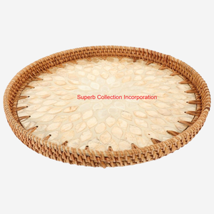Bandeja Redonda Hecha a Mano para Servir de Ratán con Incrustaciones de Nácar, Bandeja Decorativa de Concha Tejida Ecológica para Decoración del Hogar Costero - Product Image 2