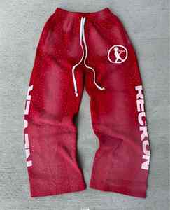 Pantalon décontracté pour homme à jambe large, taille mi-haute, imprimé numérique, peint, imperméable, orné de strass, délavé à l'acide, style jogging sportif - Product Image 5