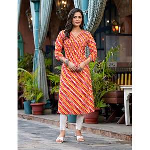 Kurti droit en coton orange Lehariya, élégant et décontracté, pour femme de bureau, respirant, options longueur au sol ou au genou, naturel - Product Image 1