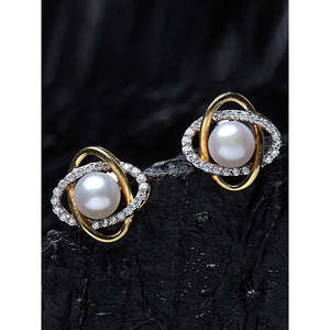 Boucles d'oreilles clous CLARA en argent sterling 925 avec perles véritables, plaquées or, rhodium et or rose, avec zircone suisse et fermoir à vis, cadeau pour femme - Product Image 2
