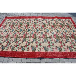Vintage <b>Wool</b> Turkish Rug 5.6x8.8 ft (170x269 Cm) <b>Red</b> Check Patchwork Design with Latex Backing - Product Image 3