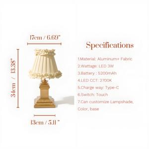 Lámpara de Mesa Recargable Inalámbrica de Estilo Clásico con Pantalla de Tela, Detalles Decorativos, 2700K, Dorado/Plateado, Táctil, para Hogar, Bodas, Restaurantes - Product Image 6