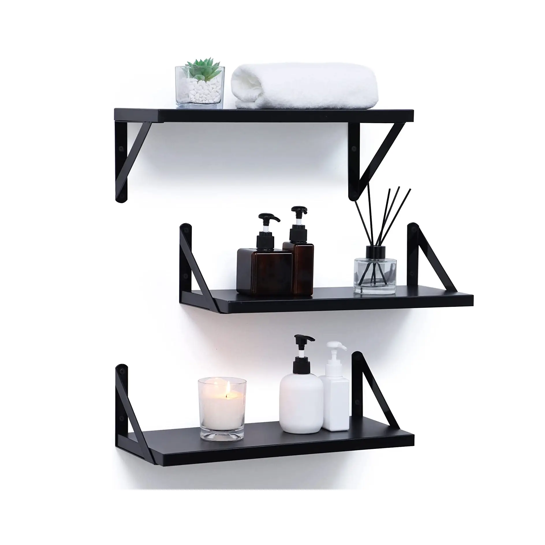 Estante de madera negro montado en la pared personalizado estantes modernos con soporte de metal visible para baño y cocina