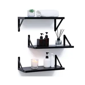 Estante de madera negro montado en la pared personalizado estantes modernos con soporte de metal visible para baño y cocina