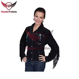 Womens Real Black Suede Leather <b>Jacket</b> <b>Fringe</b> Tassels Concho Beaded Sheepskin Western Cowgirl Native Coat Custom Winter Outer - Product Image 4