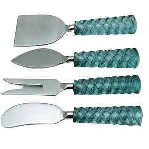 Outils à fromage de luxe en acier inoxydable 4 pièces Vaisselle couteau à fromage et épandeur de beurre en poignée en résine verte - Product Image 1