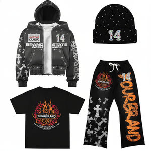 ชุดเซ็ตเสื้อฮู้ดดี้และกางเกงวอร์มสไตล์วินเทจ ย้อมสีแบบ Acid Wash แต่งคริสตัล ทรงโอเวอร์ไซส์ แบบครอป ซิปหน้า สำหรับผู้ชาย - Product Image 1