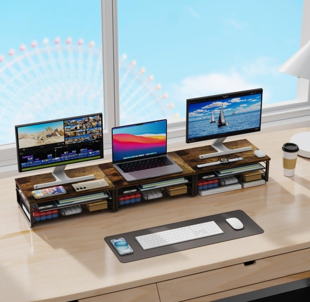 Wooden Computer Monitor Stand Riser with Drawer Office Organizer Storage Rack for Classroom and Office Supplies