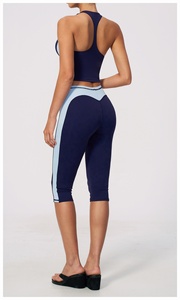 Navy <b>Blue</b> Color Blocking Yoga Set High Waist Calf-Length Leggings Spaghetti Strap Sports <b>Bra</b> Seamless Activewear Two Piece - Product Image 5