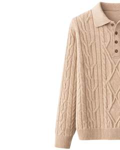 Suéter Polo de Punto Trenzado para Hombre, Manga Larga, Cuello con Botones, Suave, para Invierno, en Beige Caqui, para Pedidos al por Mayor - Product Image 3