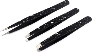 Ensemble de 3 pinces à épiler en acier inoxydable, pointes inclinées, droites et pointues pour les poils incarnés, les éclats de verre (noir et blanc) Odontomed - Product Image 2