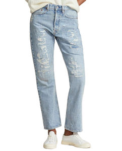 Ladies' Light Blue High-Waist Flare Jeans Embroidered Logo Loose Fit Distressed Wash Wide Leg Wave Bow Denim Trousers - Product Image 2