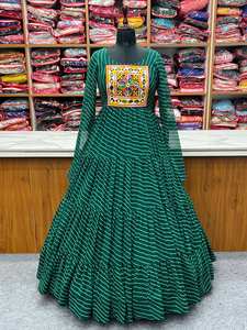 Indian Navratri Designer Women's Elegant Silk Dress Long Gown Mirror work Lace Border Indian Pakistani Style Party Wear - Product Image 2
