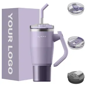 HAERS 2024 nueva patente de moda al vacío de doble pared taza de té aislada taza de acero inoxidable 32 40oz vasos con tapas mango de paja