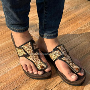 Hand Tooled Carved Genuine Leather <b>Women</b> Outdoor Flipflop Western Floral Tooling Sandal Premium Quality Cowhide Leather Sandals - Product Image 2