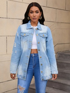 กางเกงยีนส์ตัวยาวของผู้หญิงแจ็กเก็ตผ้าคอตตอน100% ดีไซน์ปรับแต่งได้ใหม่แจ็คเก็ตยีนส์ขาด - Product Image 6