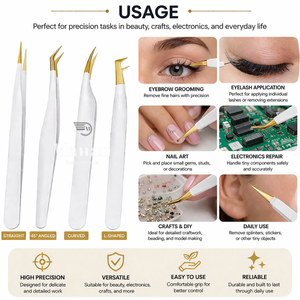 Ensemble de pinces à épiler pour sourcils de qualité supérieure, 4 pièces, pinces de précision en acier inoxydable, or blanc, pointues, courbées, kit d'outils de beauté - Product Image 5