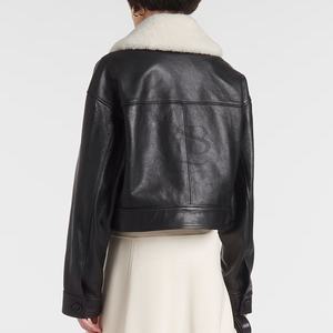 2025 nueva chaqueta de bombardero de cuero genuino de estilo corto, chaqueta de cuero con cuello de piel de oveja para mujer, buena calidad con servicio personalizado - Product Image 6
